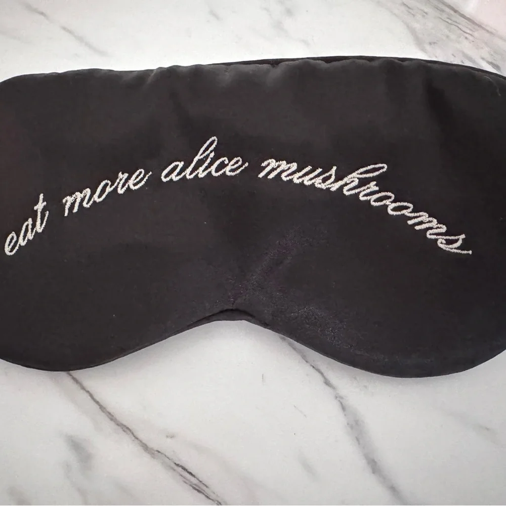 Eat More Alice Mushrooms Sleep Mask Black Satin Embroidered